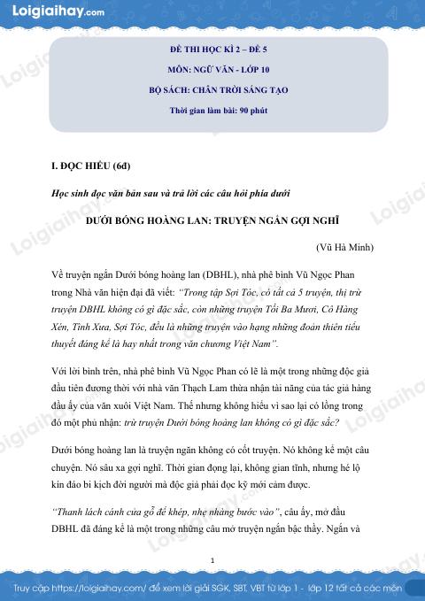 Đề thi học kì 2 Văn 10 Chân trời sáng tạo - Đề số 5